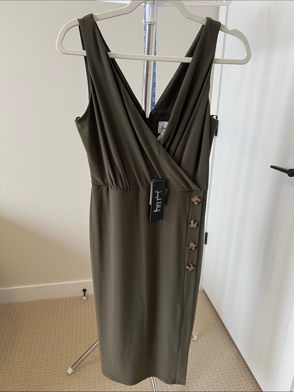 Joseph Ribkoff Olive Green Sleeveless Wrap Midi Dress with Side Buttons